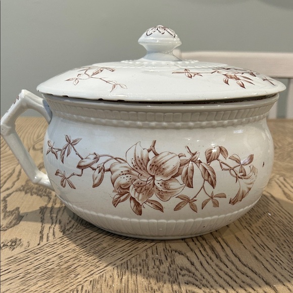 Vintage Johnson Brothers White and Brown Transferware Chamber Pot with Lid